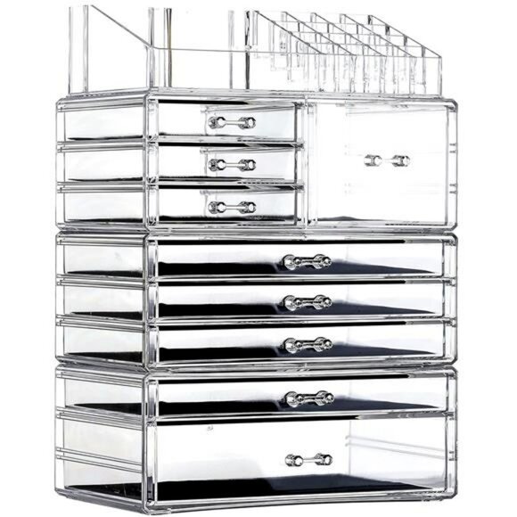 Large Clear Acrylic Makeup Organizer 9 Drawer Vanity Skincare Storage Box - Picture 1 of 7